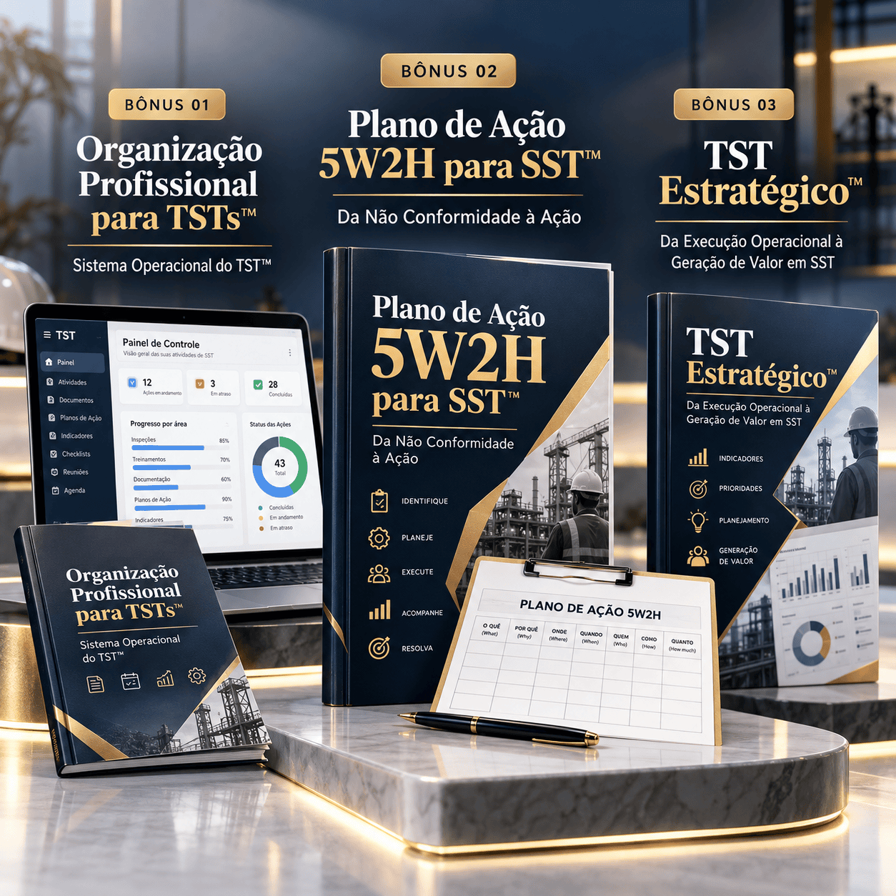 Os três bônus: Sistema Operacional do TST, Plano de Ação 5W2H para SST e TST Estratégico